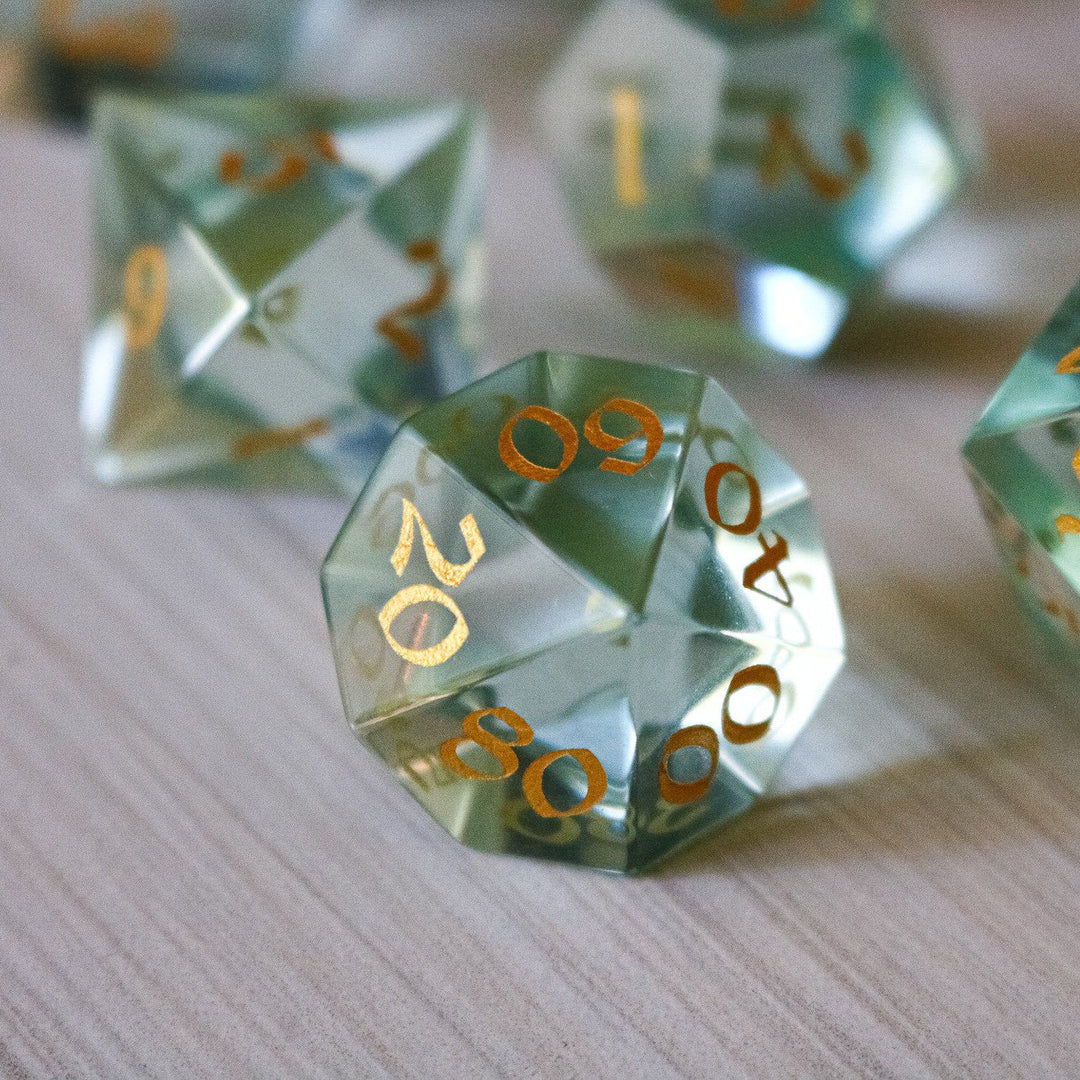 Hand Carved Green Water Glass (And Box) Polyhedral Dice DND Set - RPG Game DND