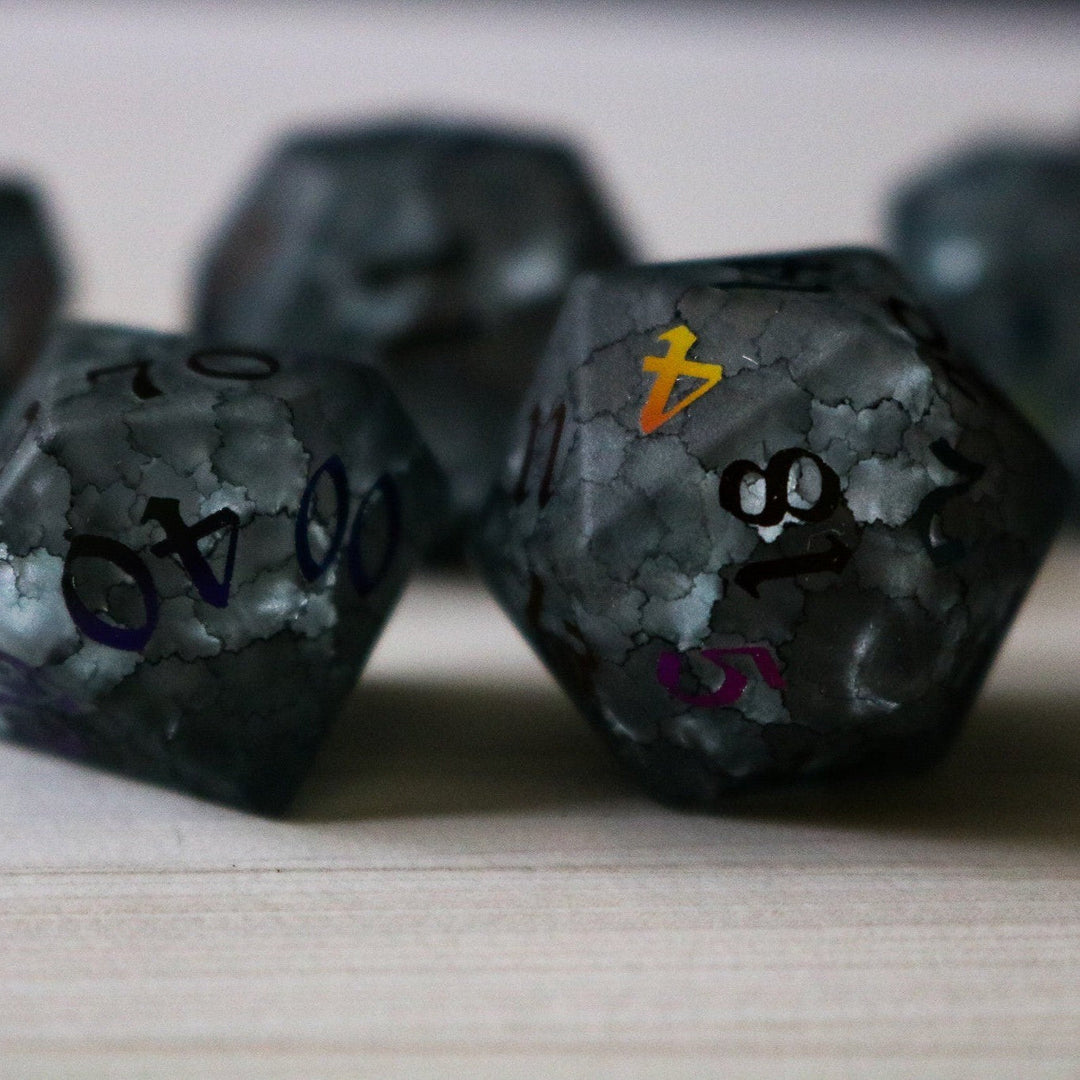 Black Inked Lightning Glass Cracked Glass (And Box) Polyhedral Dice DND Set