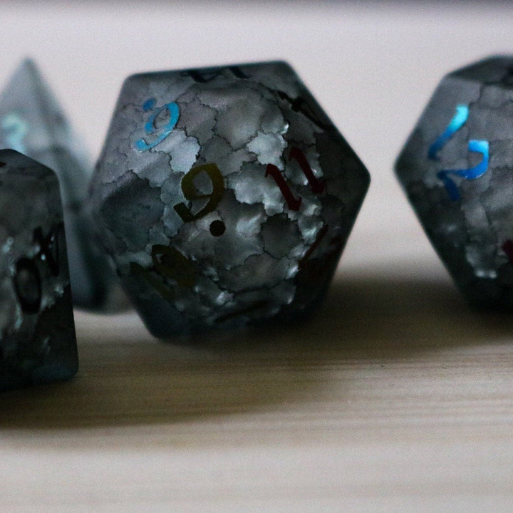 Black Inked Lightning Glass Cracked Glass (And Box) Polyhedral Dice DND Set