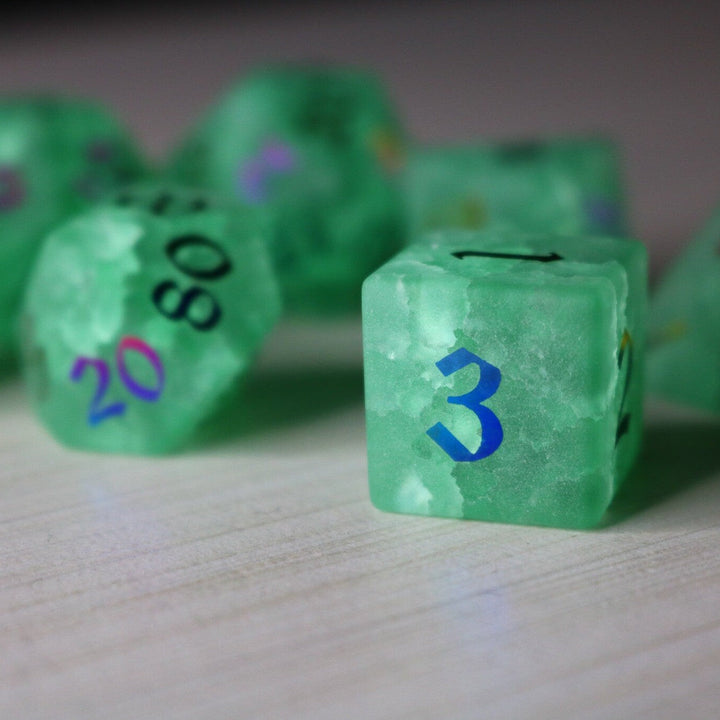 Green Mint Inked Lightning Glass Cracked Glass (And Box) Polyhedral Dice DND Set