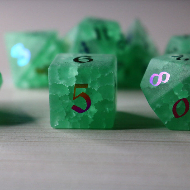 Green Mint Inked Lightning Glass Cracked Glass (And Box) Polyhedral Dice DND Set