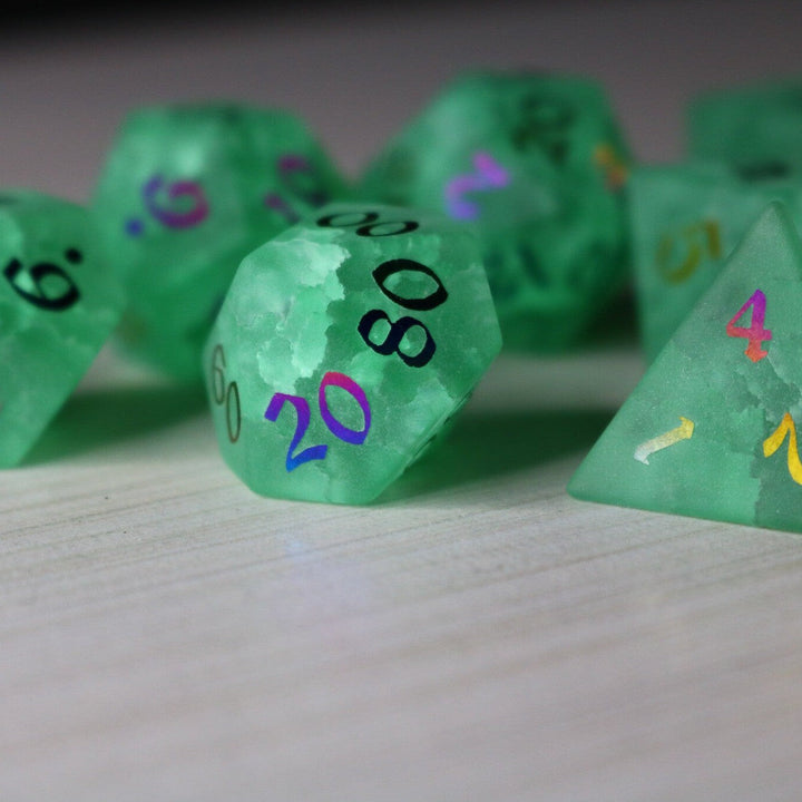 Green Mint Inked Lightning Glass Cracked Glass (And Box) Polyhedral Dice DND Set