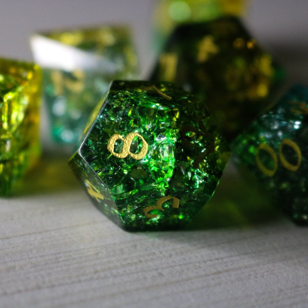 Poison Forge Fire Cracked Glass Green (And Box) Polyhedral Dice DND Set