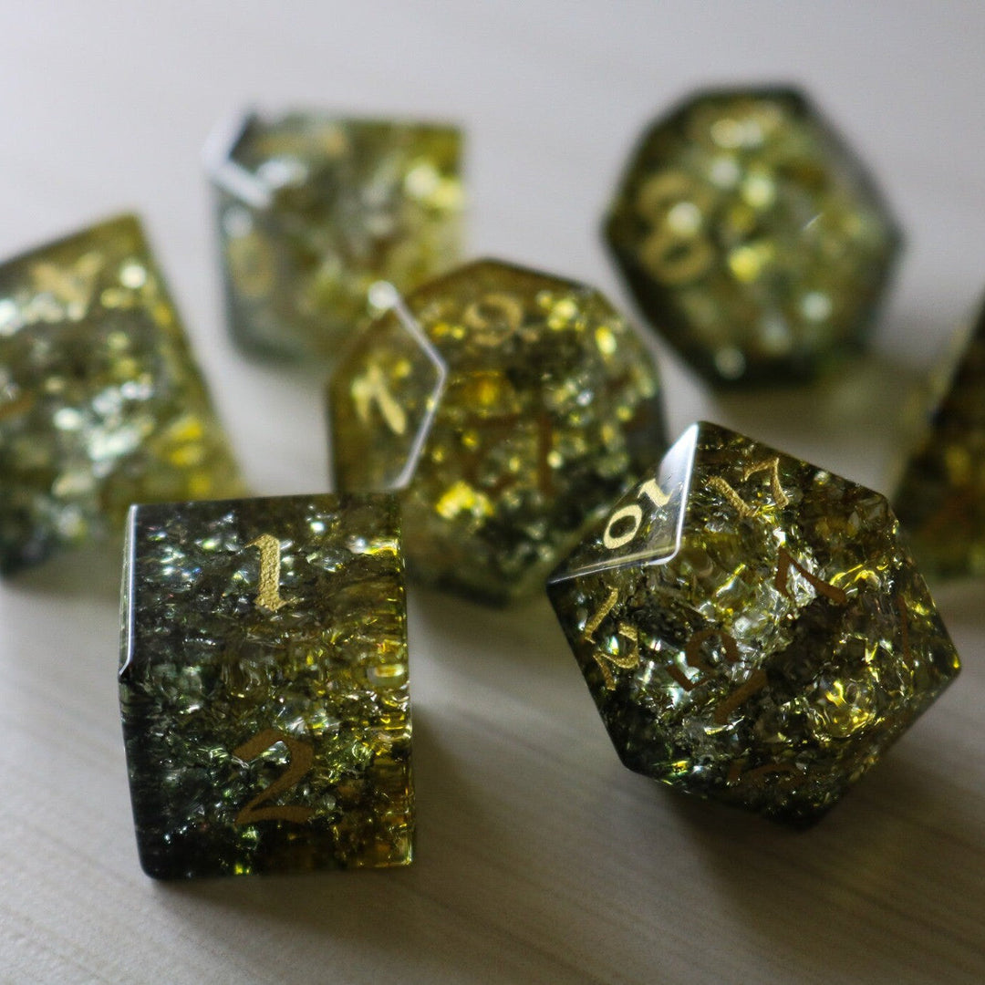 Dark Sun Forge Fire Glass Green And Yellow (And Box) Polyhedral Dice DND Set