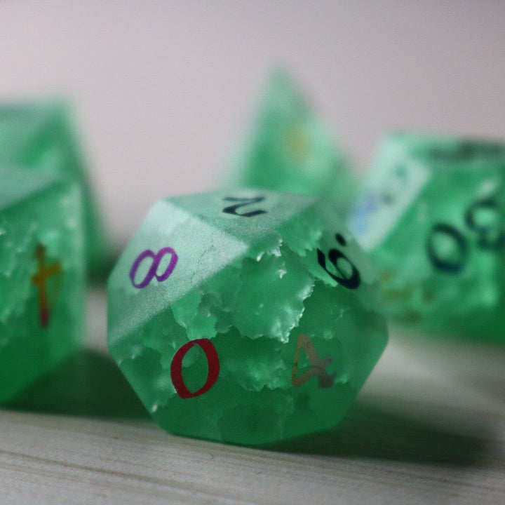 Green Mint Inked Lightning Glass Cracked Glass (And Box) Polyhedral Dice DND Set