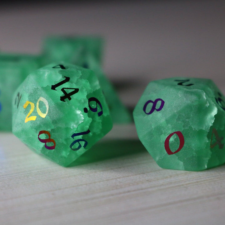 Green Mint Inked Lightning Glass Cracked Glass (And Box) Polyhedral Dice DND Set