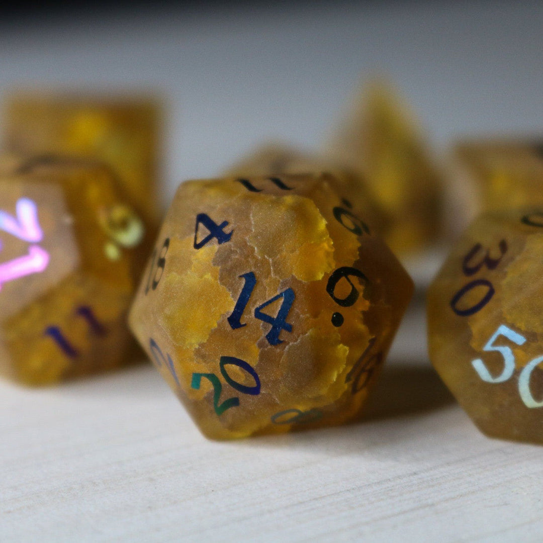 Orange Halloween Pumpkin Inked Lightning Glass Cracked Glass (And Box) Polyhedral Dice DND Set