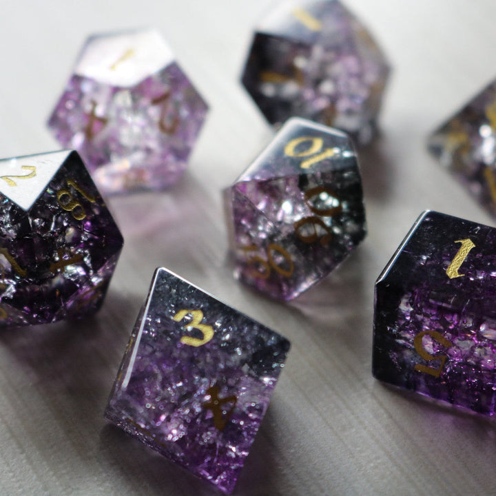 Purple Purge Forge Fire Glass (And Box) Polyhedral Dice DND Set