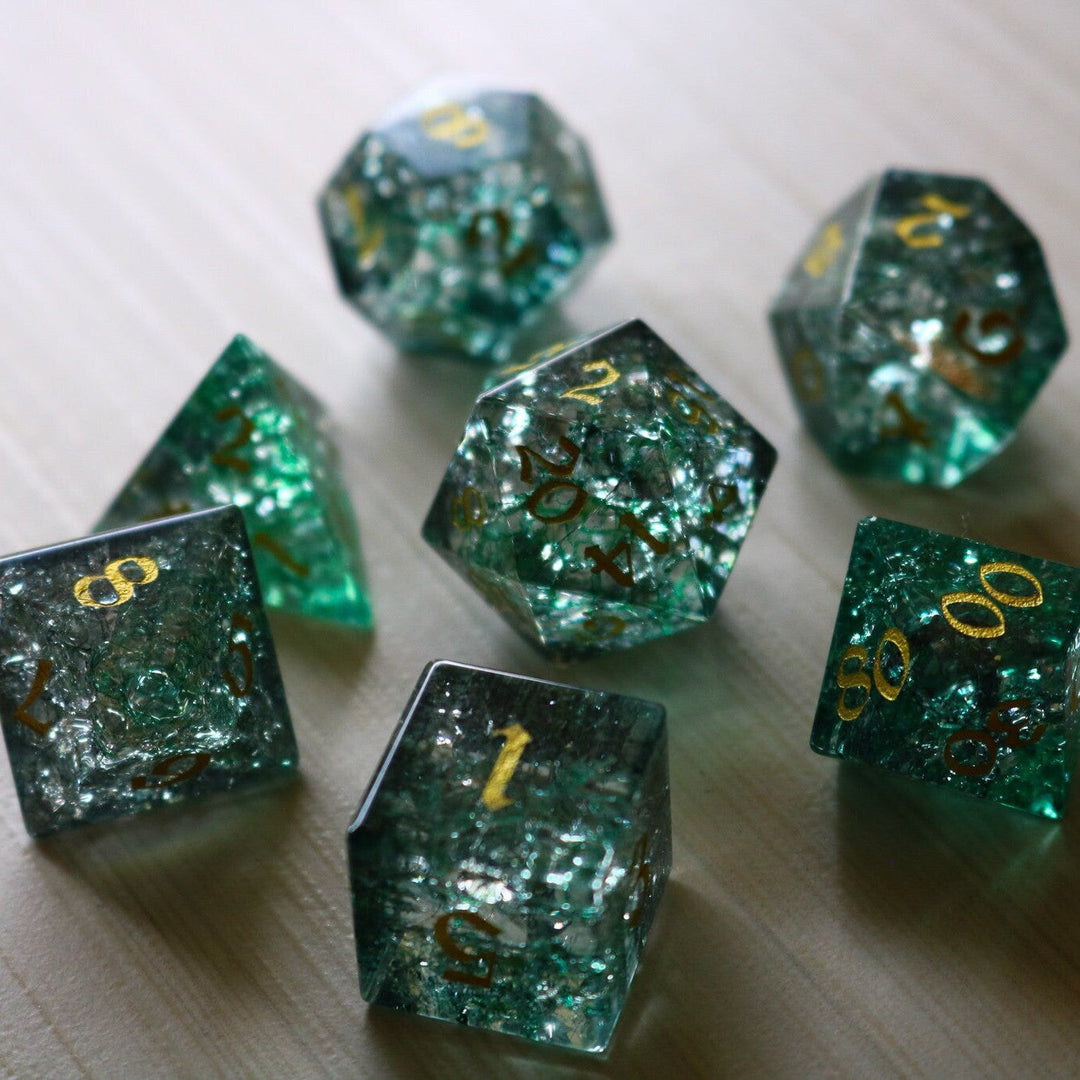 Elven Wood Green Forge Fire Glass (And Box) Polyhedral Dice DND Set - RPG Game DND