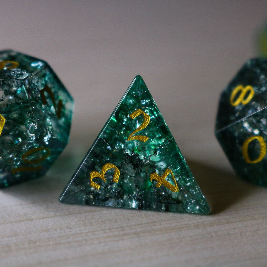 Elven Wood Green Forge Fire Glass (And Box) Polyhedral Dice DND Set - RPG Game DND