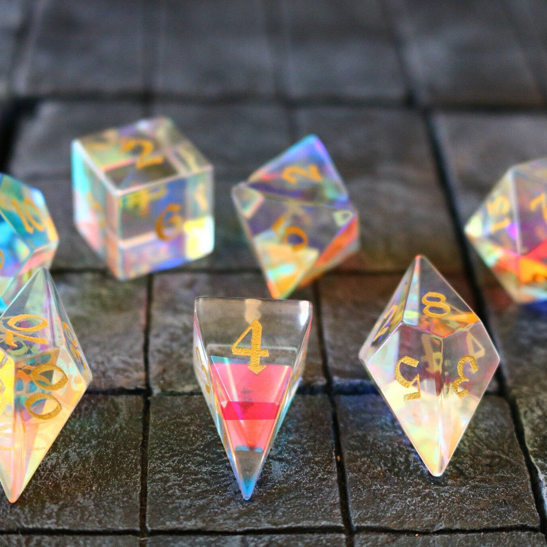 Gemstone Dichroic Glass Elven Cut Polyhedral Dice (With Box) DnD Set