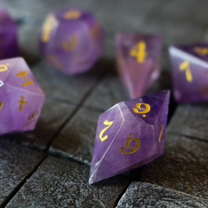 Gemstone Purple Amethyst Elven Cut Polyhedral Dice (With Box) DnD Set