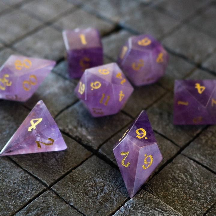 Gemstone Purple Amethyst Elven Cut Polyhedral Dice (With Box) DnD Set