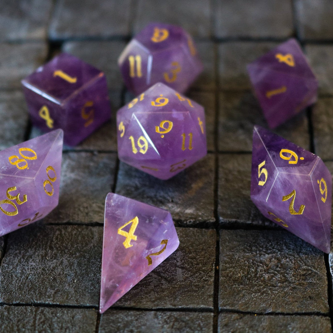 Gemstone Purple Amethyst Elven Cut Polyhedral Dice (With Box) DnD Set