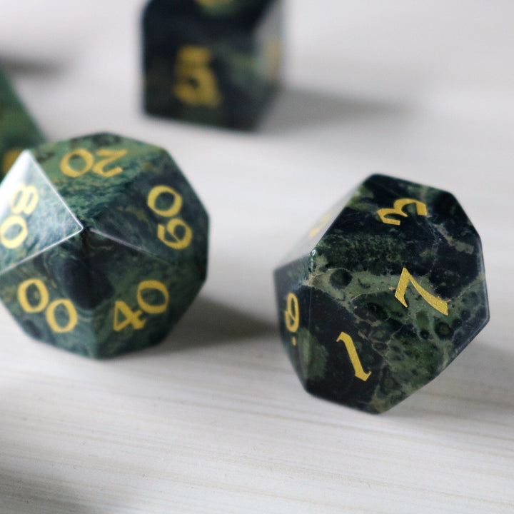 Gemstone Green Eyed Hand Carved Polyhedral Dice DnD Dice Set