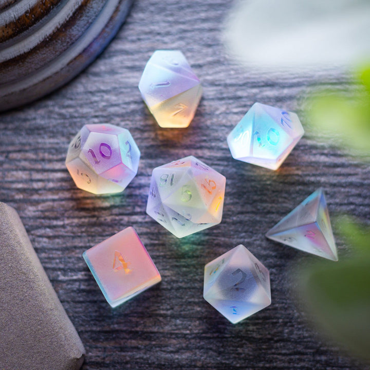 Gemstone Raised Dichroic Glass Polyhedral Dice (With Box) DND Dice Set