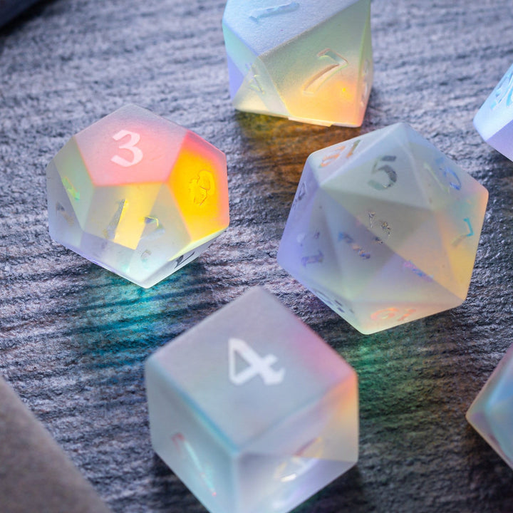 Gemstone Raised Dichroic Glass Polyhedral Dice (With Box) DND Dice Set