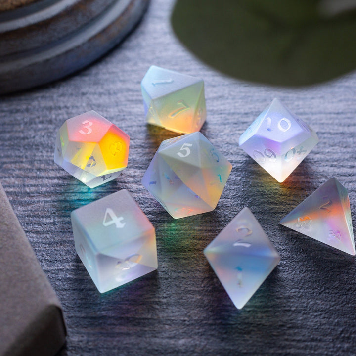 Gemstone Raised Dichroic Glass Polyhedral Dice (With Box) DND Dice Set