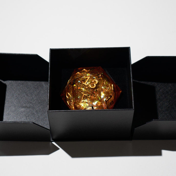 Massive Gold And Glitter Fireball Liquid Core 95MM Chonk Handmade Resin Dice And Box