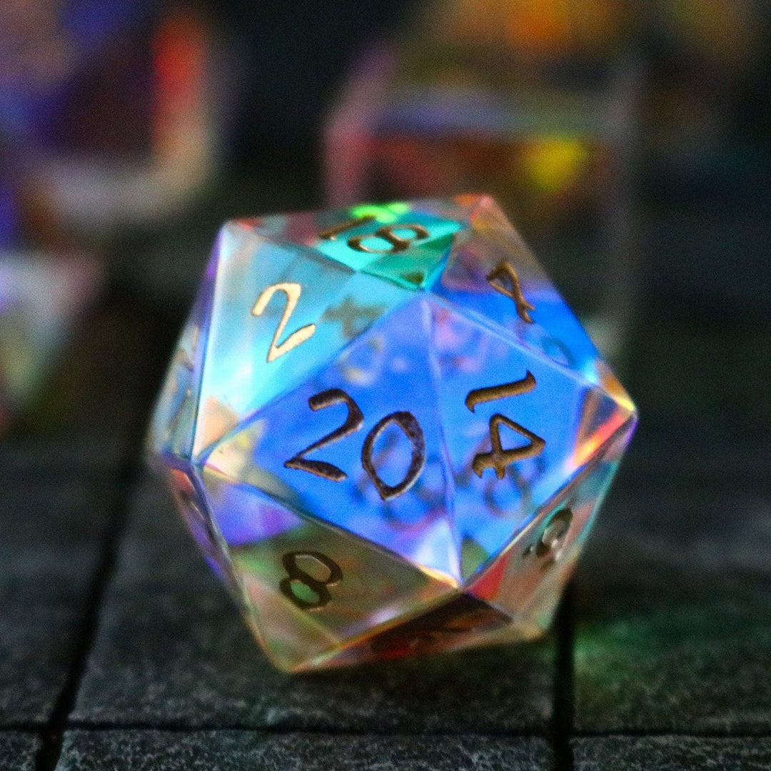 Hand Carved  Gemstone Dichroic Glass Polyhedral Dice (With Box) DnD Dice Set - RPG Game DND MTG Game