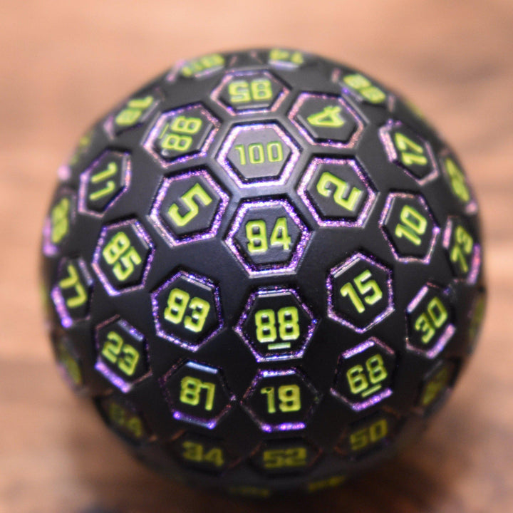 The Orb D100 -  Purple, Neon Green, and Black Metal Die